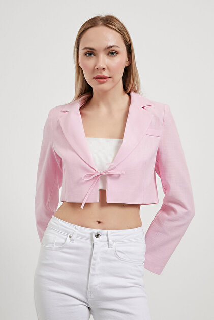 Arma Life Kadın Keten Görünüm Bağcıklı Dar Pembe Crop Ceket