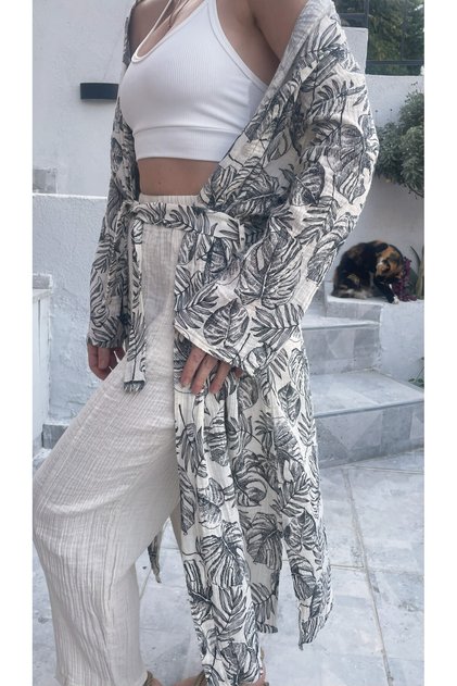 Women's Black-Ecru Patterned Kimono Çesme - 2 Layers Organic Muslin Crinkle