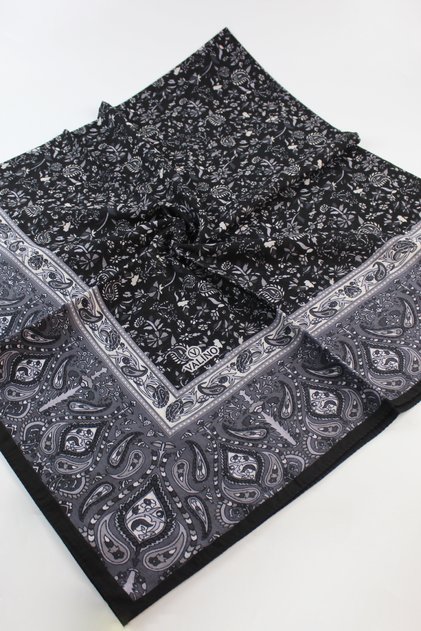 120X120 Ethnic Patterned Cotton Floral Scarf - Black