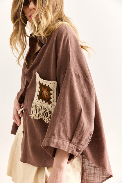 Women's Brown Pocket Detailed Wide Sleeve Washed Linen Content Shirt Gml-19001353