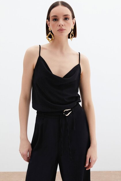 Flounce Collar Draped Blouse - Black