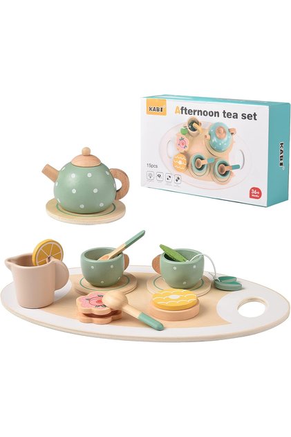 Set de ceai pentru copii cu accesorii incluse, Montessori, din lemn, 15 piese
