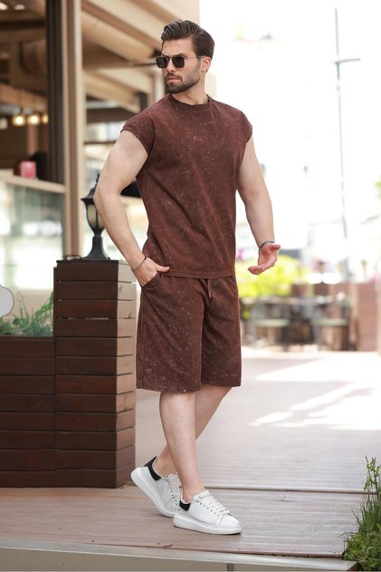 Bitter Brown Basic Men's Ripped Detailed Shorts T-Shirt Set E7319