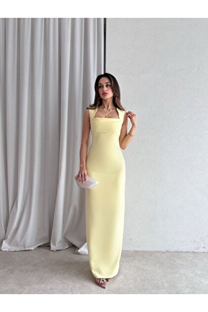 maf collection Women's Yellow Maxi Length Thick Strap Square Neck Evening Dress  Homecoming Dress- Trendyol