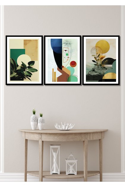 Black Frame Look Modern Abstract Flowers Wall Decor Painting Set for Parlor Living Bedroom