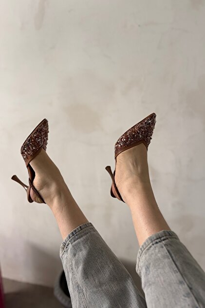 SHOEBELLAS Anje Vizon Dantel Boncuk İşleme Detaylı Kadın Topuklu