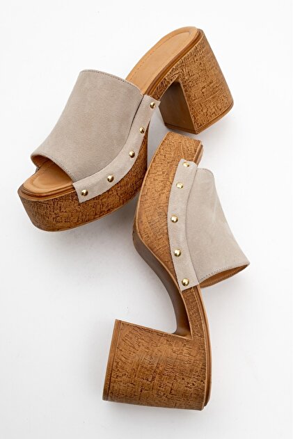 PASSAGE SHOES Kadın Hakiki Deri Takunya Terlik 6318 BEJ SÜET