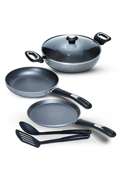 Nonstick Granite Cookware Set–6PiecePremium Induction with Fry Pan,Kadai,GlassLid&Spatulas-GreyMFKT6