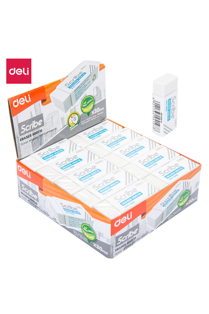 EH00110 Eraser 40×17×12mm, 1 Box with 30 Pcs, White - ideal for school, office, and home use