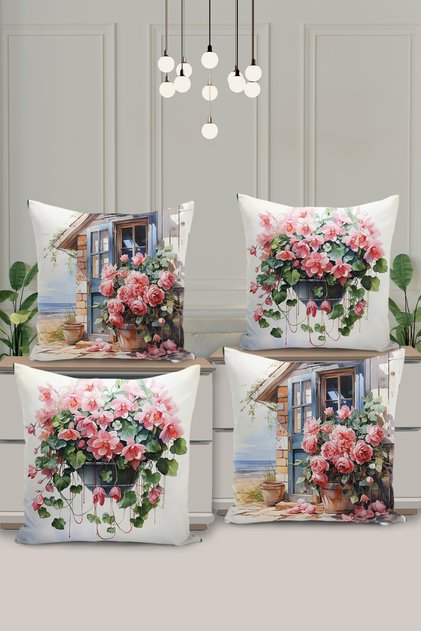 4-Piece Double-Sided Digital Printing Throw Pillow Cover with Floral Pattern
