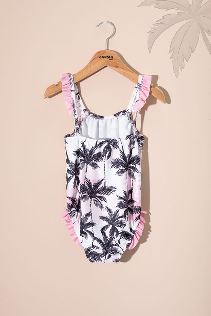 Palm Patterned Ruffle Detailed Girl's 2-Piece Swimsuit Set 21074