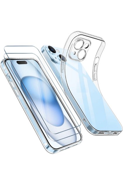 (2 Glasses 1 Case) iPhone 15 Compatible 1 Transparent Silicone Case 2 Glass Screen Protector