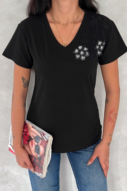 Women's Black V-Neck Shoulder Leaf Flower Sequins and Embroidery Embroidered 100% Cotton T-Shirt
