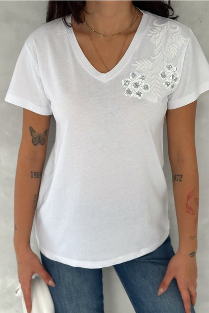 Women's White V-Neck Shoulder Leaf Flower Sequins and Embroidery Embroidered 100% Cotton T-Shirt