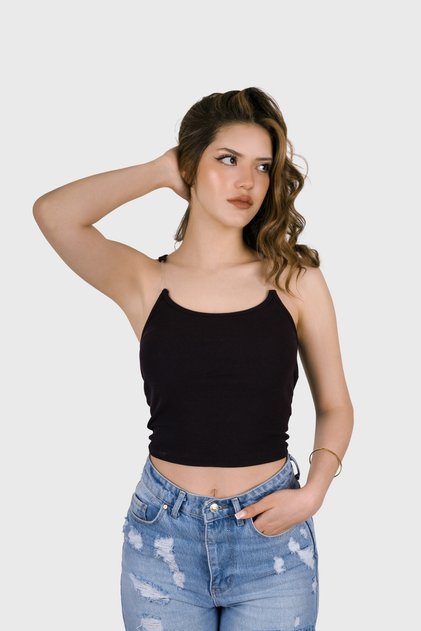 Simala Women's Transparent Strappy Ribbed Camisole Crop Top Stylish Basic Daily Blouse