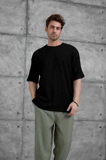 Men's T-Shirt Mrk Crinkle Fabric Black Oversize Crew Neck