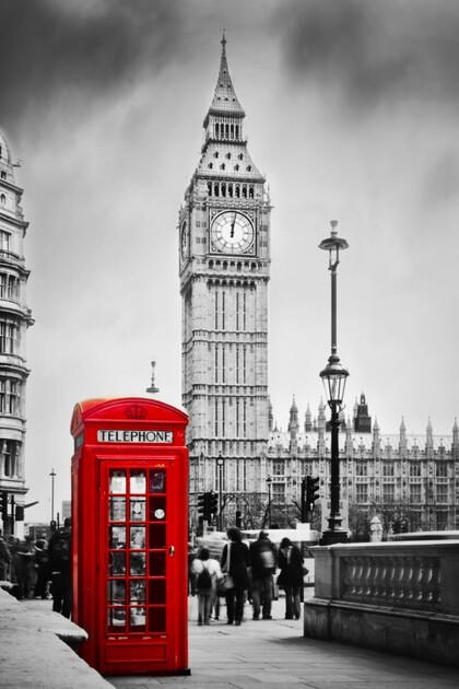Tablou canvas Londra, Big Ben, telefon rosu, retro, alb-negru, 30 x 45 cm