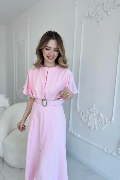 Belt Detailed Slit Pleated Maxi Length Pink Dress