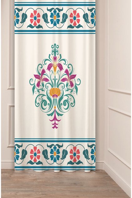 Ethnic Anatolian Motif Flower Pastel Bohemian Special Design Digital Printed (Single Wing) Beige Cream Background Curtain