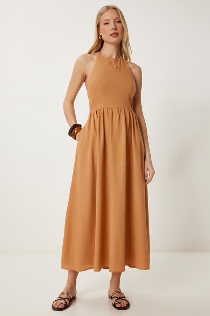 Happiness stanbul Women's Camel Back Low-Cut Summer Linen Dress Fk00030-  Trendyol