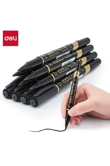 Deli EU10420 Dual-tip Permanent Marker,Black,12PCS – For Drawing, Outlining & Signing