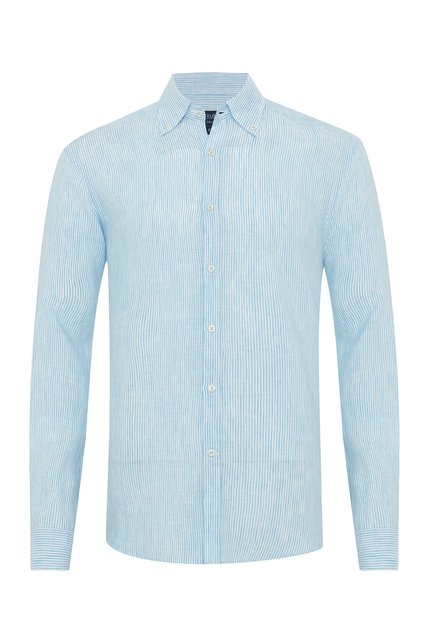 Albini Turquoise White Striped Button Collar Pure Linen Shirt