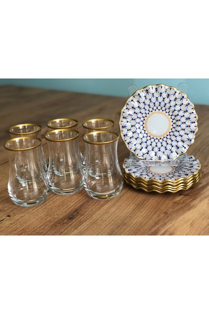 Gem Patterned Curved Tea Set for 6 Persons 12 Pieces