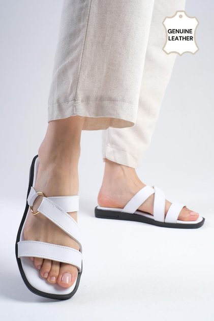Genuine Leather White Color Blunt Toe Women's Flat Slippers