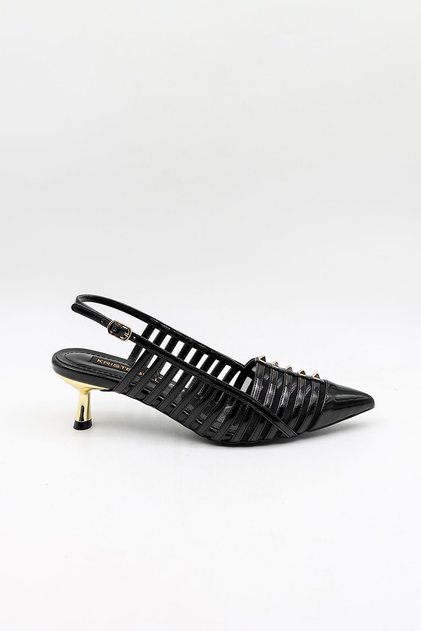 Kısa Topuk Zımba Detay Stiletto KB5031 Siyah Rugan