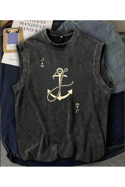 Holiday Line Anchor Sleeveless Undershirt Crew Neck Washable Vintage Unisex Oversize T-Shirt