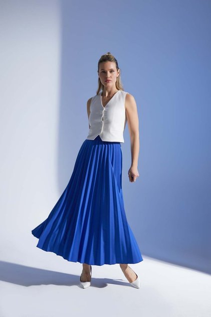 Indigo Maxi Length Elastic Waist Pleated Skirt