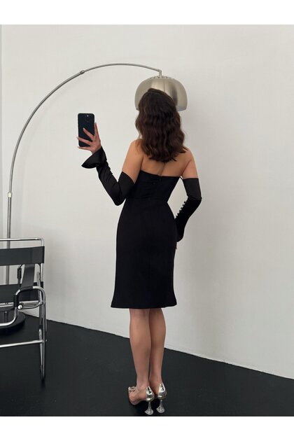 Black Satin Sleeve Detailed Midi Evening Dress