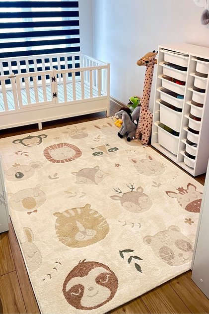 Klein 04 Pastel Renk Yumuşak Çocuk Halısı Kalın Kız Çocuk Odası Halısı Hayvan Figürlü Bebek Halısı