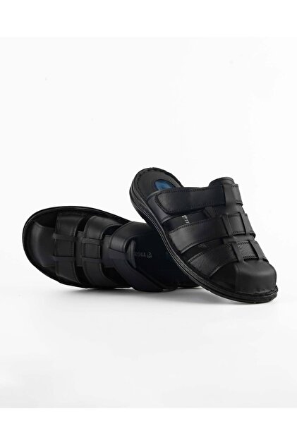 Men's Slipper - Genuine Leather Black - Comfort Support Structure Design Soft Sole Suitable for Daily Use
