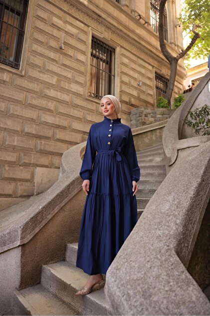 Yasmy Collection Kadın Lacivert Renk Düğme Detaylı Hakim Yaka