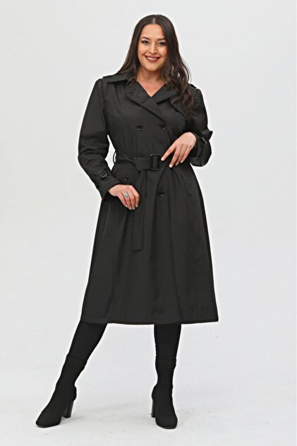 Jamila Long Plus Size Women's Lined Trench Coat- Trendyol