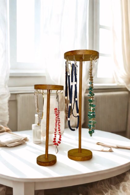 Wooden Jewelry Stand 2 Pieces, Wooden Jewelry Organizer with Decorative Gold Hooks, Accessory Organizer