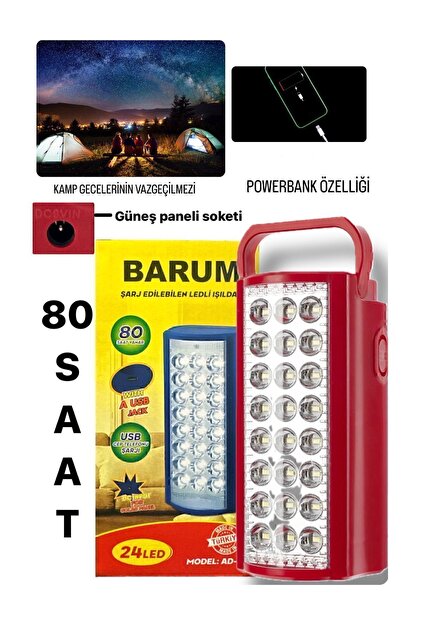 24 Ledli 80saat Yanan Şarj Edilebilir Işıldak Kamp Için Uygun Usb Telefon Şarj Özelliği