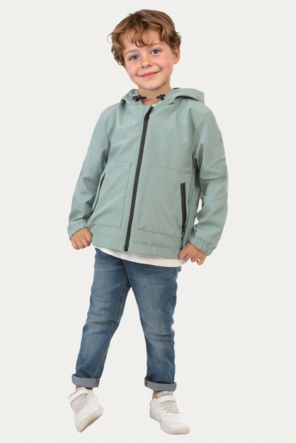 Boy's Mint Green Lined Water and Windproof Hooded Raincoat with Double Zipper Pockets