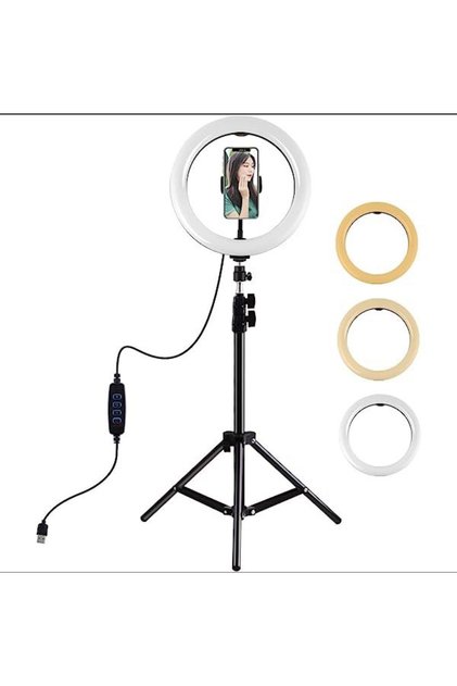 مصباح حلقي LED للتصوير الفوتوغرافي مع حامل ثلاثي القوائم أسود/ أبيض، اضاءة تصوير ، ليد تصوير ، اضاءة