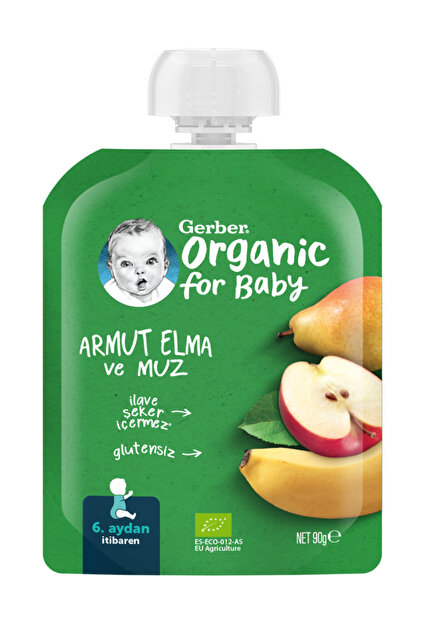 GERBER ORGANİC FOR BABY GLUTENSİZ PÜRE ARMUT ELMA MUZ 90GR