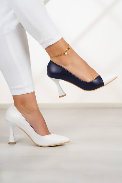 Jatqılı Plus Navy Blue White Thin Goblet Heeled Classic Shoes