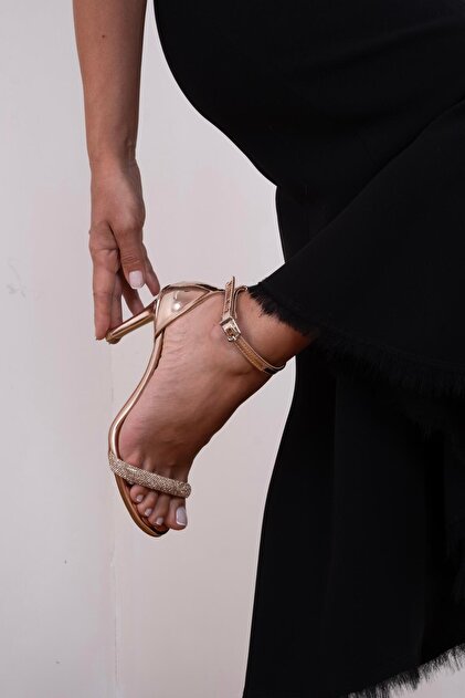 Tek Bant Taşlı Topuklu Ayakkabı Rose Gold Ayna