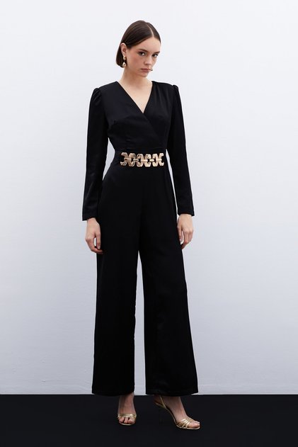 United Belted Satin Jumpsuit - Black