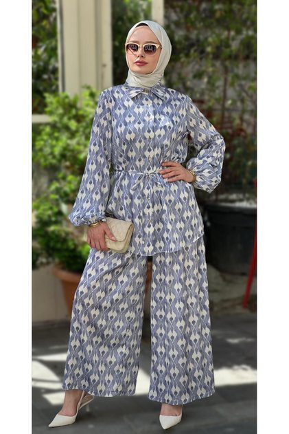 NİHLE 1130-05-25 Önü Düğmeli Belden Bağlamalı Gömlek Bol Paça Pantolon İpek Saten Takım 1-2-3 Beden