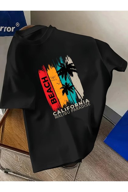 Unisex Oversize Printed Cotton Crew Neck Short Sleeve Black T-Shirt California Malibu Paradise