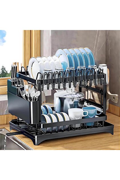 2-Tier Dish Drying Rack with Drainboard Tray, Rust-Resistant 44*15*31cm Kitchen Organizer