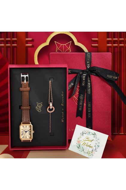 Brown LUCKY FOX 2PCS Light Luxury Gift Box Set Watch Bracelet Simple and Fashionable Women's Square