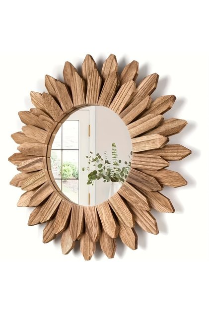 brown Wooden Wall-mounted Mirror Sunflower Make-up Mirror Creative Round Mirror Bohemian Style Bedro