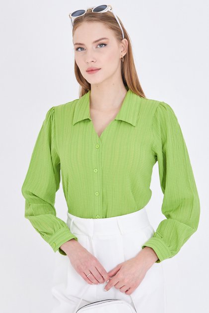 Women's Pistachio Green V-Neck Balloon Sleeve Wrap Shirt Arm-25K001088
